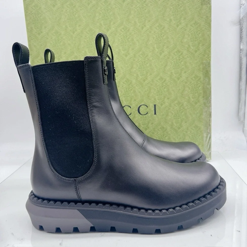 Gucci Chelsea Leather Interlocking GG Ankle Boots Black Men's UK 10.5 US 11